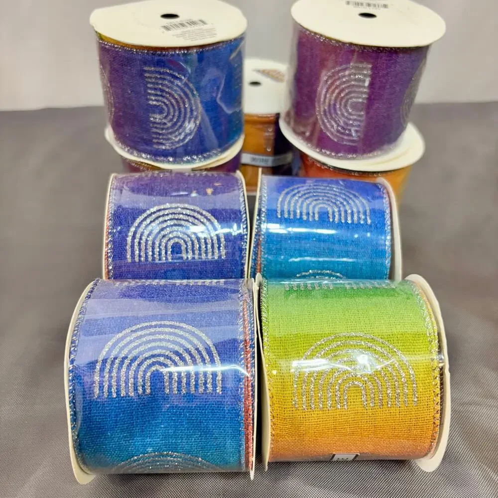 LGBTQ+ Pride Ribbon Crafting Lot of 9 Woven Wired Rainbow Hues Silver Glitter